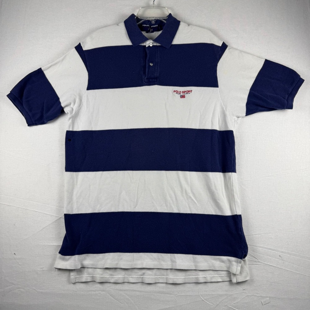 Vintage Polo Sport Ralph Lauren Striped Polo Shirt Mens XXL Blue White USA Made